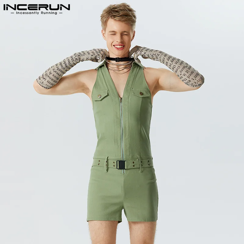 INCERUN Men Rompers Solid Color V Neck Sleeveless Zipper Fashion Male Jumpsuits Streetwear 2024 Fitness Casual Shorts Overalls