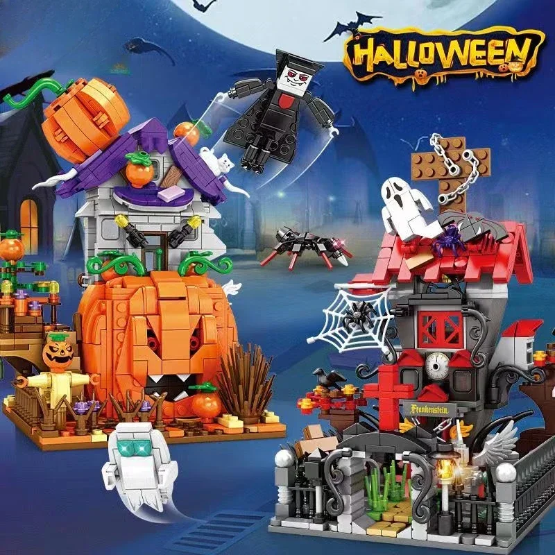 Halloween Series Party Pumpkin House Ghost House Scene Decoration Assembly Block Toys Puzzle Block Holiday Gifts