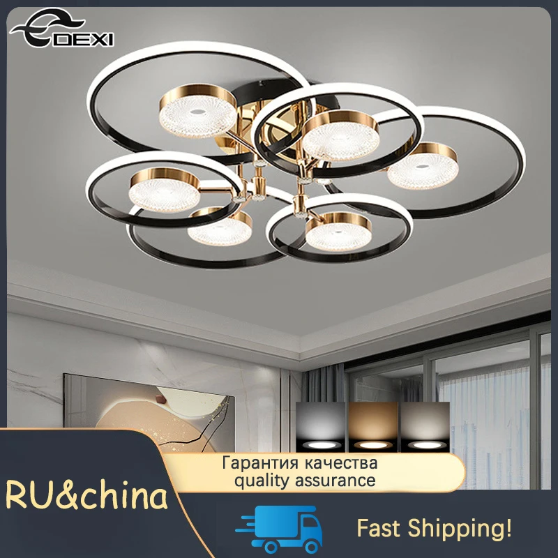 

Nordic Living Room Villa Ceiling Light Dining Hall Bedroom Simple Chandelier Decoration Circular Lampshade LED Tri-Color Light