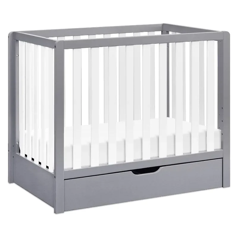 

4-in-1 Convertible Mini Crib with Gray and White Roller Drawers, Greenguard Gold Certified, Under Crib Storage