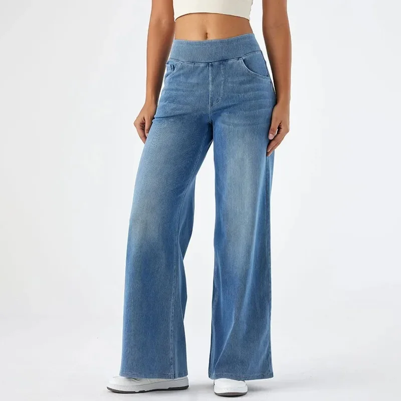 Pop mulheres baggy jeans streetwear cintura alta perna larga calças jeans retro cintura elástica azul solto calças femininas 2025