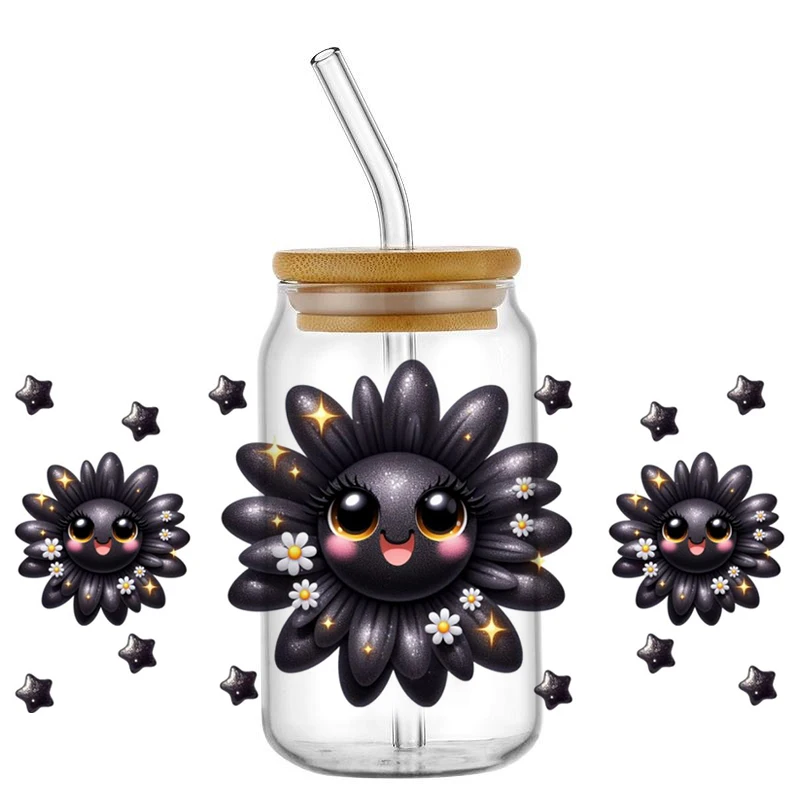 Cartoon Cute Smiley Flower UV DTF transfer Sticker DIY For 16oz Glossy Glass Waterproof Decals Coffee Cup wrap