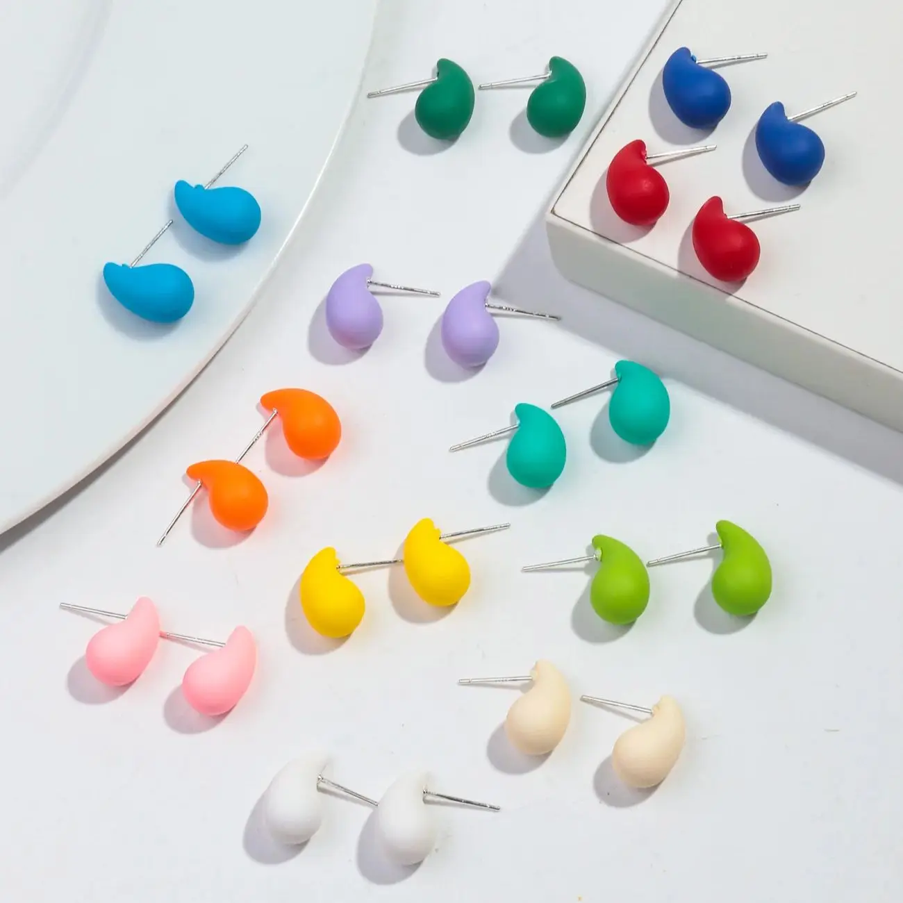 9Pairs/set Lovely Colorful Small Acrylic Waterdrop Earrings for Women Cute Water Star Square Round Earrings Trend Jewelry
