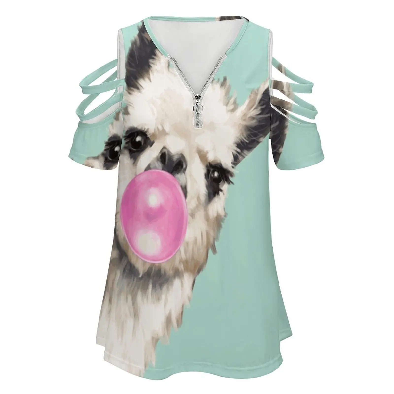 Bubble Gum Sneaky Llama In Green New Fashion Zip Off Shoulder Top Short-Sleeve Women Shirt Llama Cute Adorable Memes Chewing