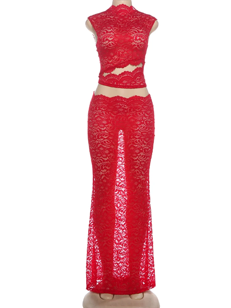 Nibber Mode Durchsichtig 2 Stück Set Frau oansatz Unregelmäßigen Hohl Design Crop Tops + Elastische Taille Röcke Mitternacht Sexy anzug