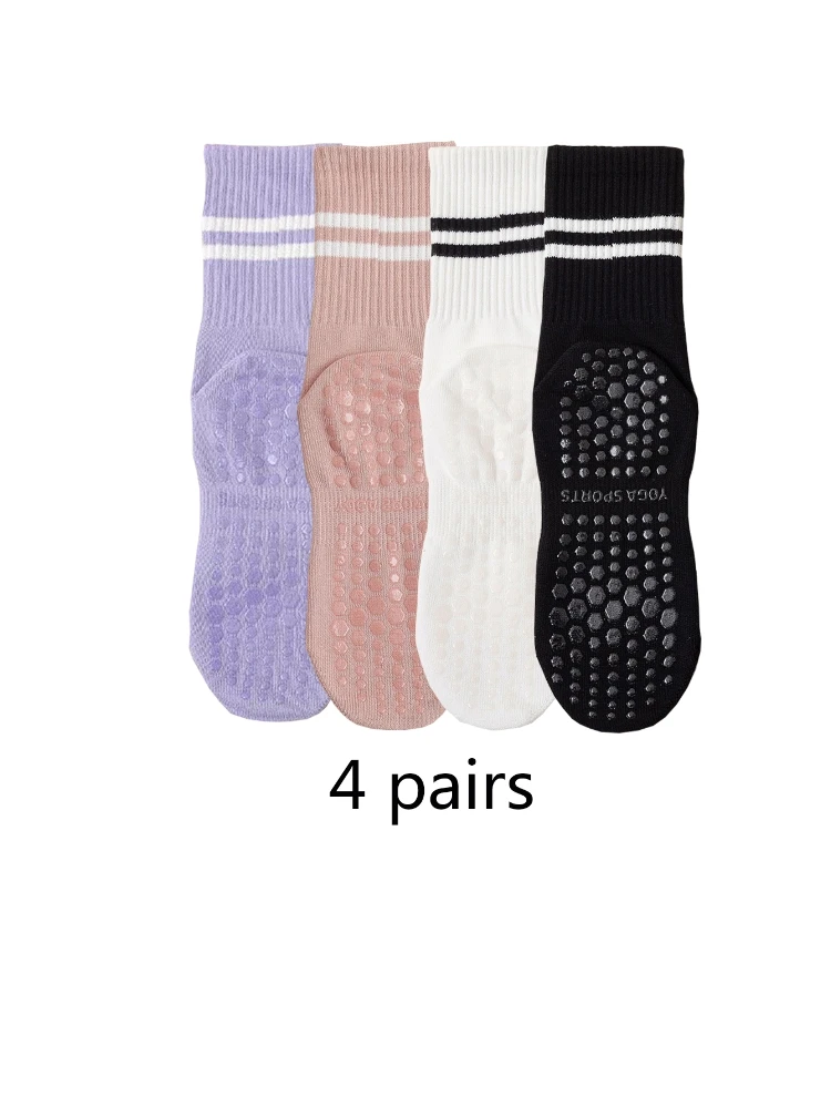 4 pairs of yoga socks, medium length socks, pure cotton anti slip silicone indoor fitness pilates, women\'s sports socks wholesal