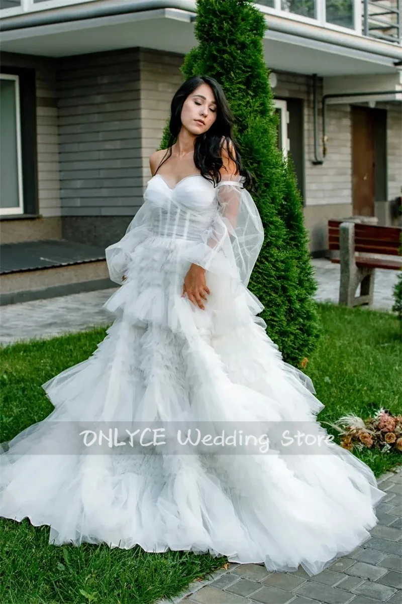 Vestidos de novia bohemios con manga abullonada, traje de novia con escote Corazón, línea A, con volantes escalonados, para boda, Noche y graduación, corsé personalizado, 2023