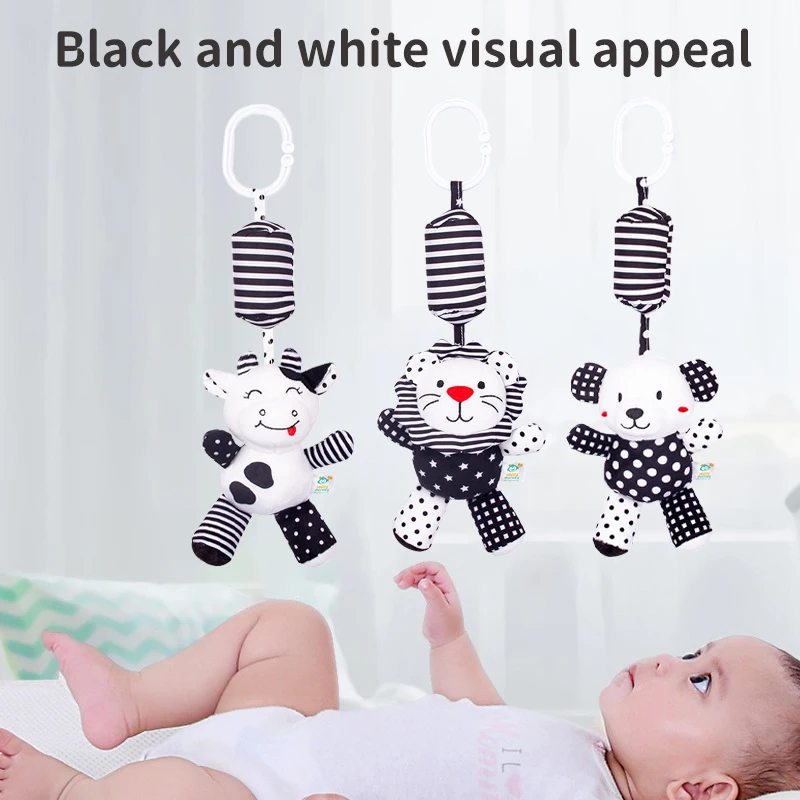 Sonajeros colgantes sensoriales para bebé, juguetes de aprendizaje suaves Montessori, juguetes con mango para el desarrollo del bebé, carillón de viento blanco y negro, regalos