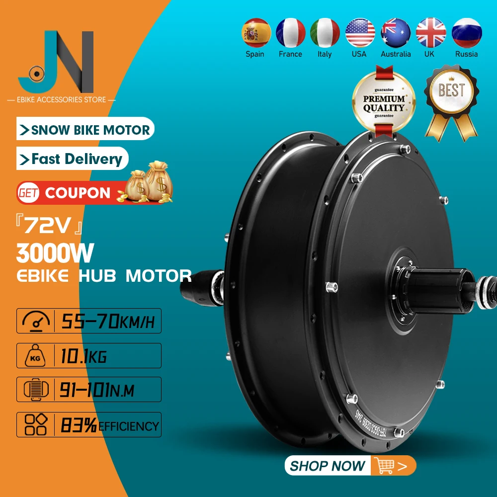 Electric Fat Tire Motor 72V 3000W 4.0Tyre Brushless Rear Hub Motor Wheel Dropout 170/190mm for Snow Ebike Conversion Kit Parts