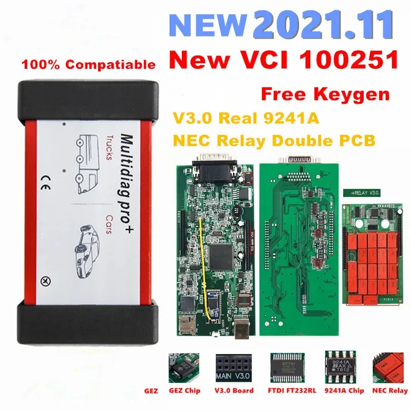 NEW VCI 2021.11 Multidiag Pro TCS Bluetooth Double PCB V3.0 Red NEC Relay Real 9241A Chip FTDI OBD2 Diagnostic Tool