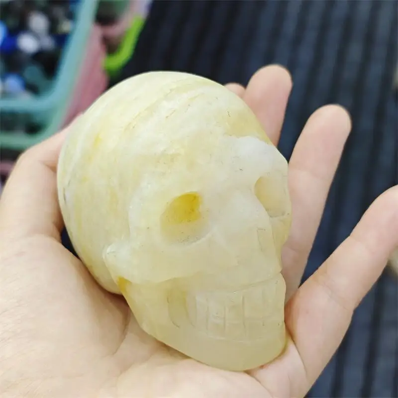 Natural Yellow Calcite Skull Carving Healing Fengshui Stone Reiki Home Decoration Holiday Gift 1PCS
