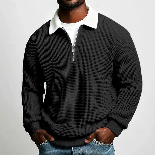 European American Autumn New Fashion Men Color-coded Turn-down Collar Long Sleeve Casual Trendy Half Zipper Polo Shirts Male
