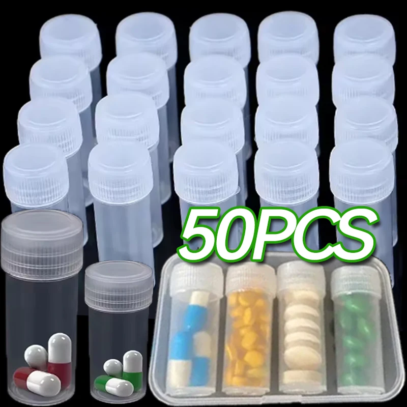5/7 مللي زجاجة عينة بلاستيكية أنبوب اختبار 10/50 قطعة زجاجات صغيرة قوارير غطاء مانعة للتسرب لحاويات تخزين كبسولة مسحوق المختبر #3
