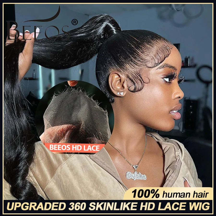 BEEOS 250% 360 Wig renda depan rambut manusia pra pencabutan ekor kuda kulit seperti HD renda rambut manusia Wig penuh renda Brasil murni