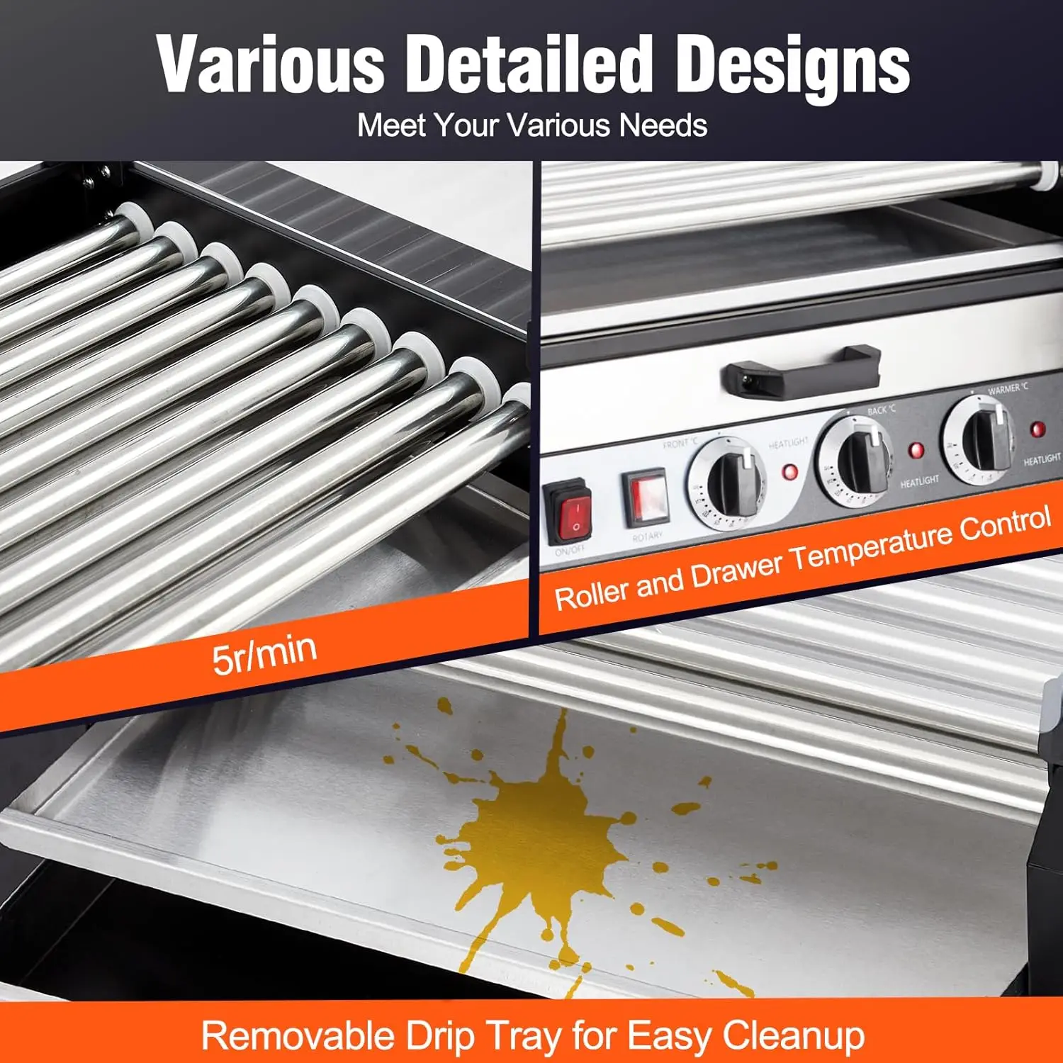 ماكينة طباخ شواية السجق 9 أسطوانة مع رف تدفئة كعكة، كهربائية 24 سعة هوت دوج 1650 وات أسطوانة هوت دوج تحكم مزدوج في درجة الحرارة