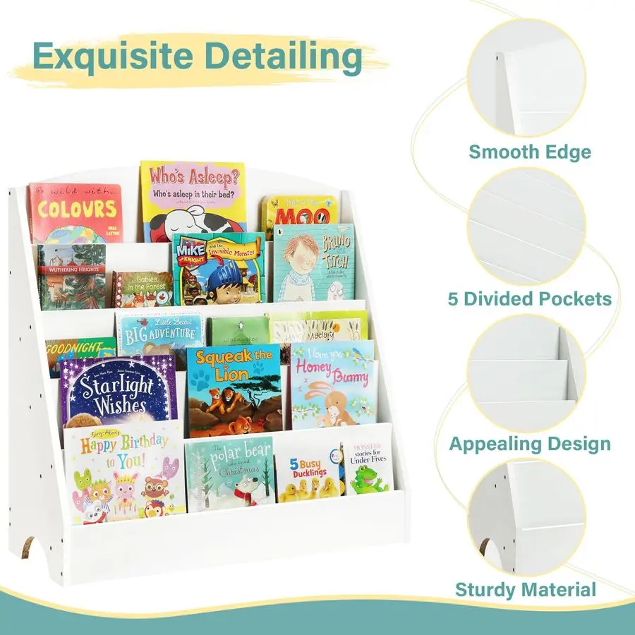 Estante infantil de 5 camadas, prateleiras de exibição de livros para salas de aula, salas de jogos e berçário, estante de livros infantil de madeira branca