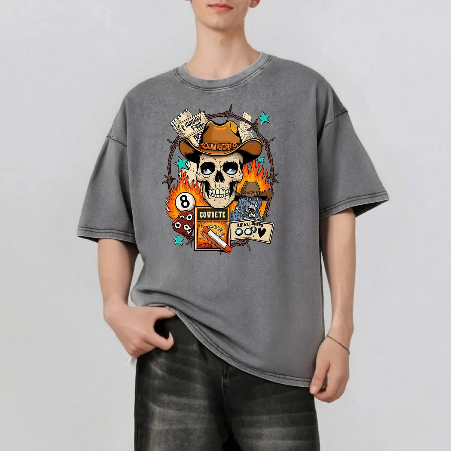 

Skull Graphic Printing Men's Summer Retro Style Washed Water T-Shirt Casual Short Sleeved Basic Men's Top 230G