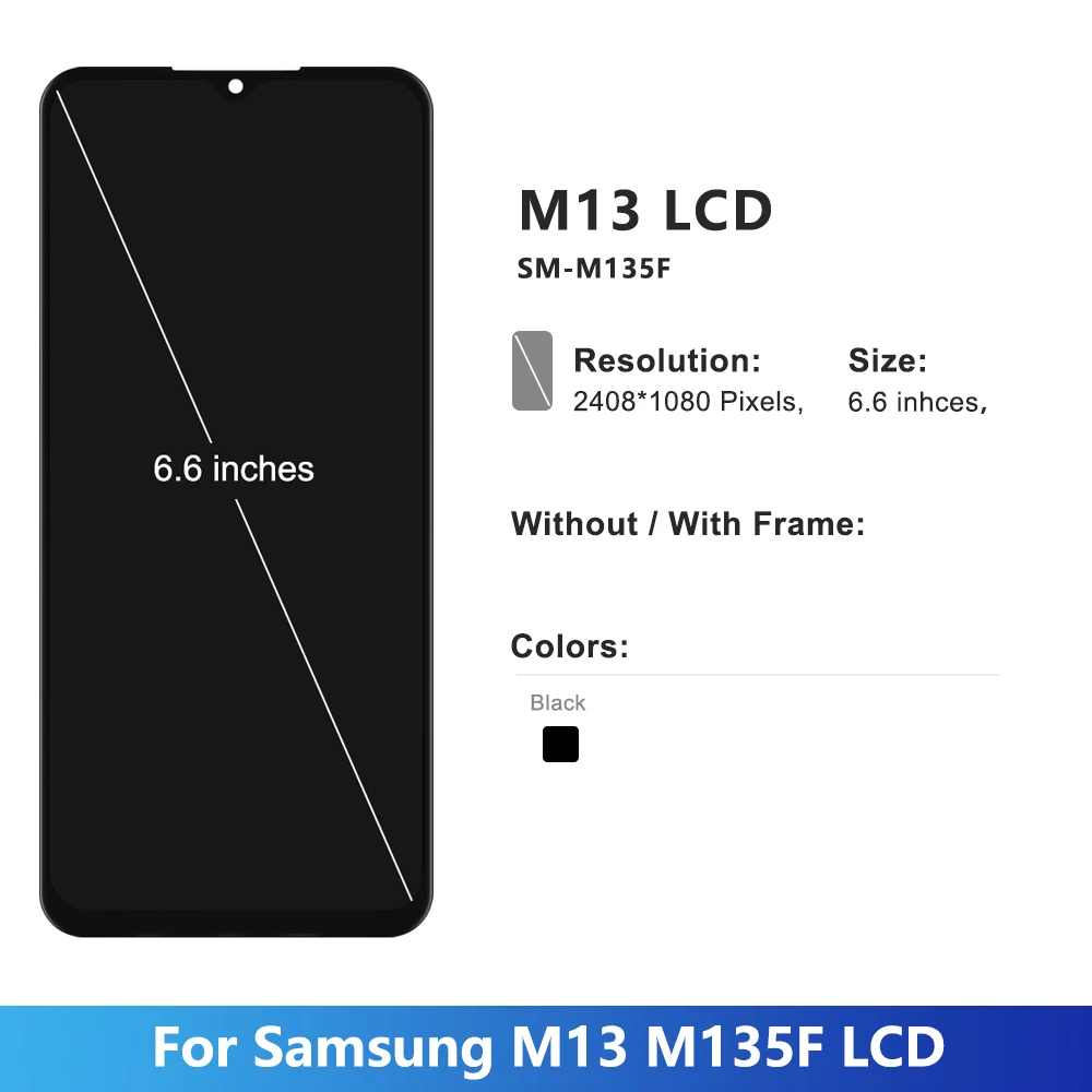 AMOLED For Samsung Galaxy M13 M135 LCD with Frame, Display Touch Screen Digitizer Assembly for Samsung M135 SM-M135F Replacement