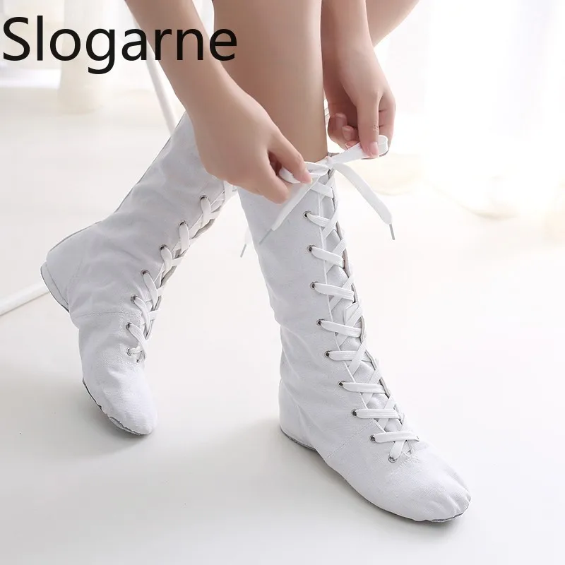 Women Canvas Jazz Boots Girls Dance Shoes Boys Stage Performance Shoes Soft Leather Sole Modern Jazz Show Ballroom Ballet Shoes