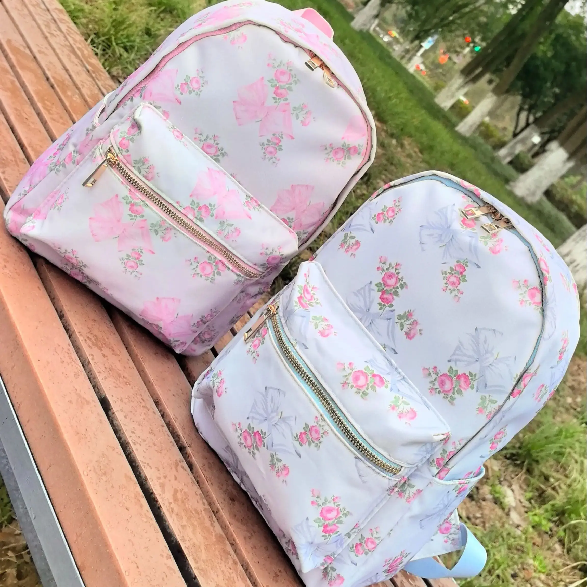 

Large Capacity Pink Waterproof Backpack Floral Bowknot Nylon Backpack Bow Printed Flower for Women Girl Customizable Pattern