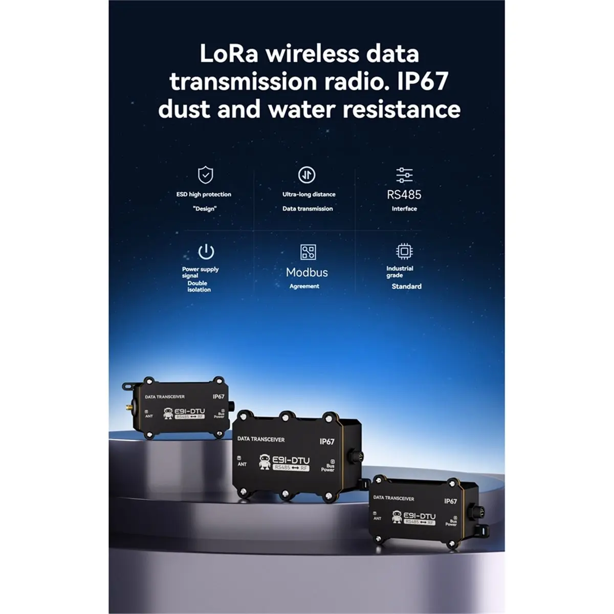 (A99Z] LoRa Wireless Data Transmitter 410-493 MHz Modbus AT+HEX Dual-Instruction RS485 IP67 Waterproof