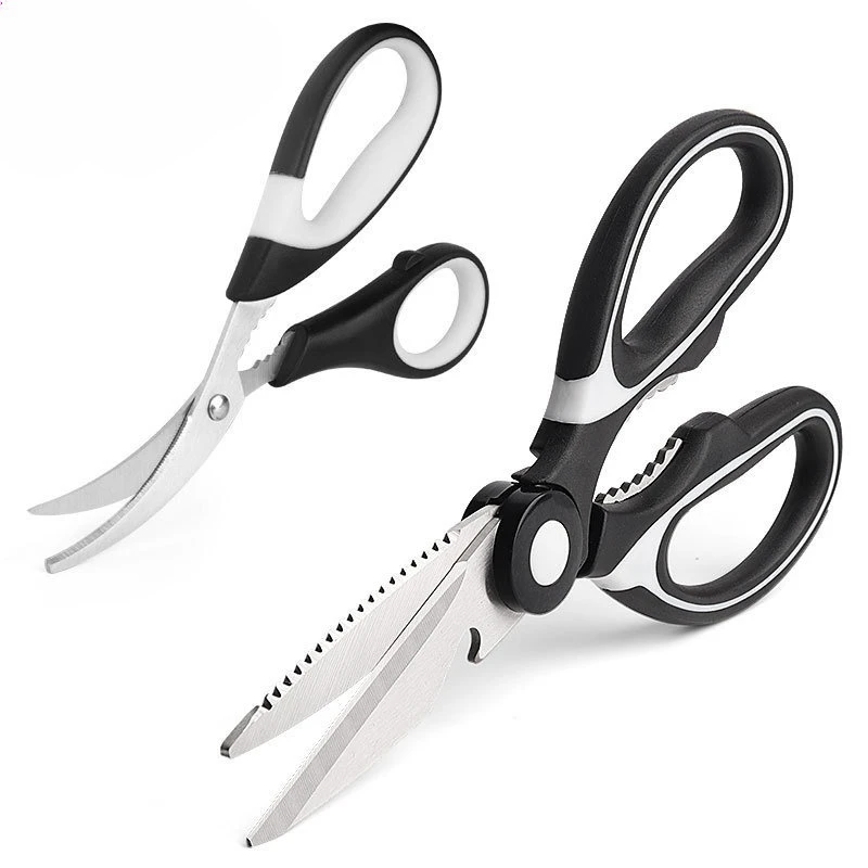 2 Pcs Multi Function Kitchen Scissors Set - Stainless Steel Chicken Bone Cutter Fish Scissors + Bottle Opener Non-slip Handle