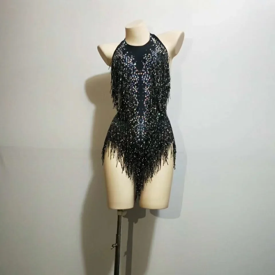 Shining Black Crystals Tassel Women Bodysuits Rhinestone Latin Leotard Pole Dancing Stage Wear Nightclub Costumes Drag Queen