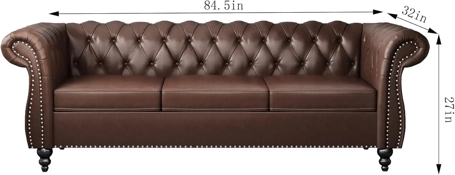 Sofa Leather, Modern PU Tufted Couch 3 Seater with Rolled Arms and Nailhead for Living Room, Bedroom, Office, Apart