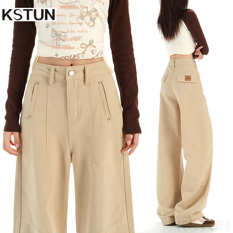 

KSTUN 2026 Women's Wide Leg Jeans Khaki High-waisted Casual Loose Straight Female Long Trousers Pear Shape Fit Patchwork Rivets