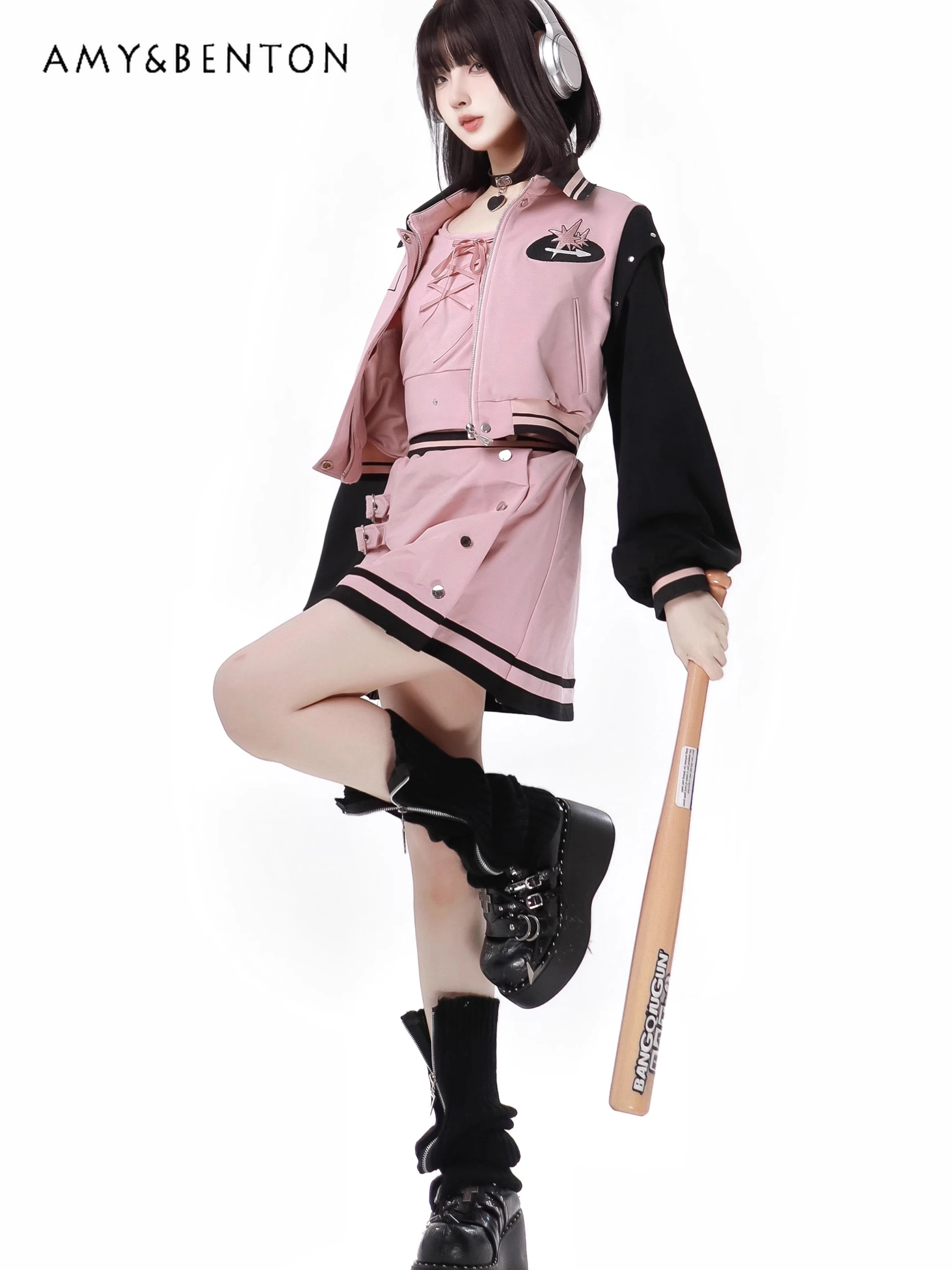 Imagem -04 - Uniforme de Beisebol Estilo Preppy para Mulheres Jaqueta Rosa Mini Saia Conjuntos de Duas Peças Roupas Y2k Doces de Alto Grau Menina Quente