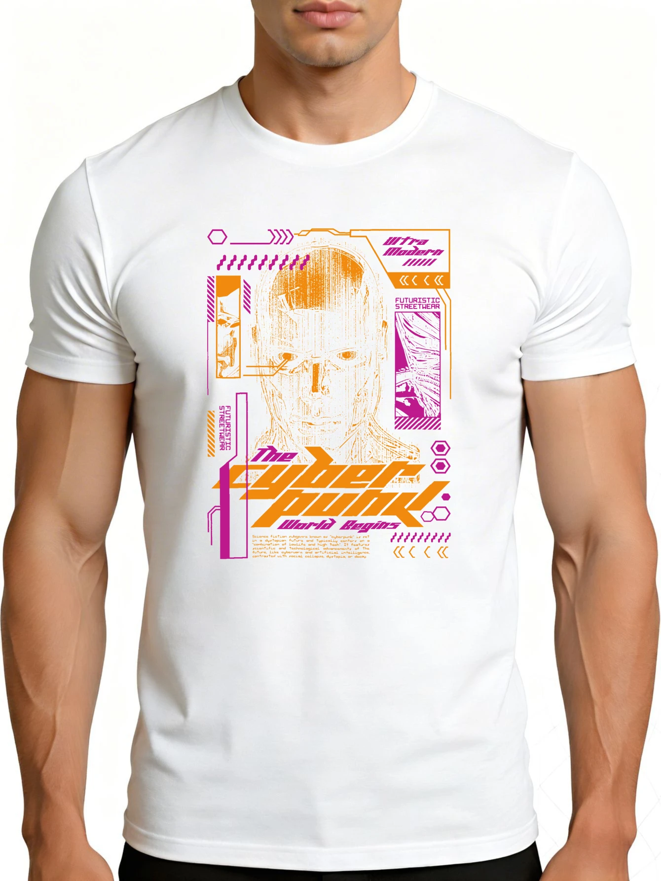 Cyberpunk Style Men's T-Shirt with Futuristic Graphics and Text, the Cyberpunk World Begins in Summer, Making It Perfect for Tech Enthusiasts and a Great Gift for Friends Who Like Sci-Fi Themes.