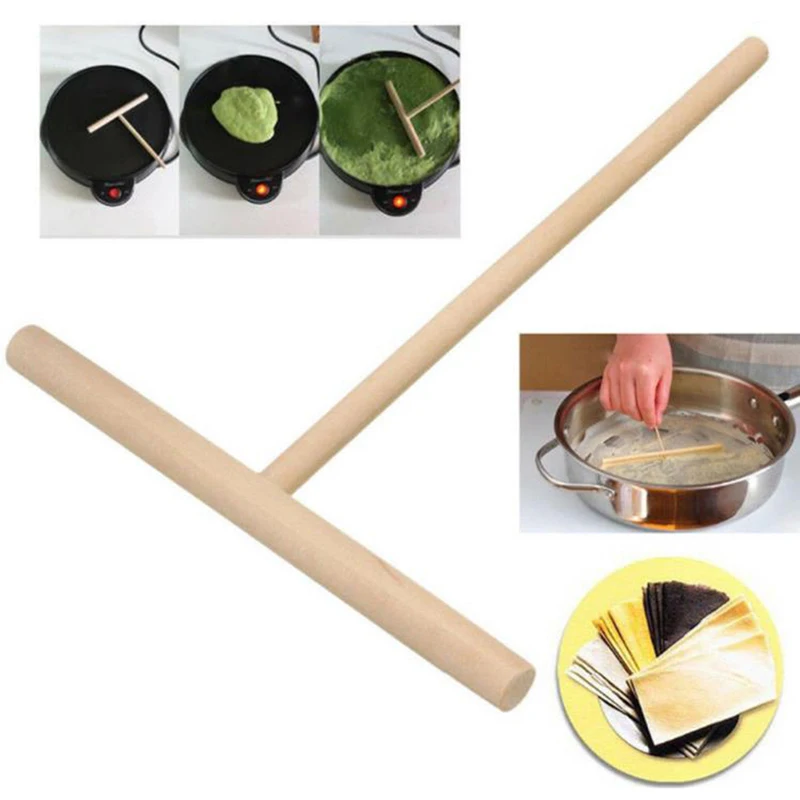 2Pcs T Shape Wooden Rake Round Batter Pancake Crepe Spreader Kitchen Tools