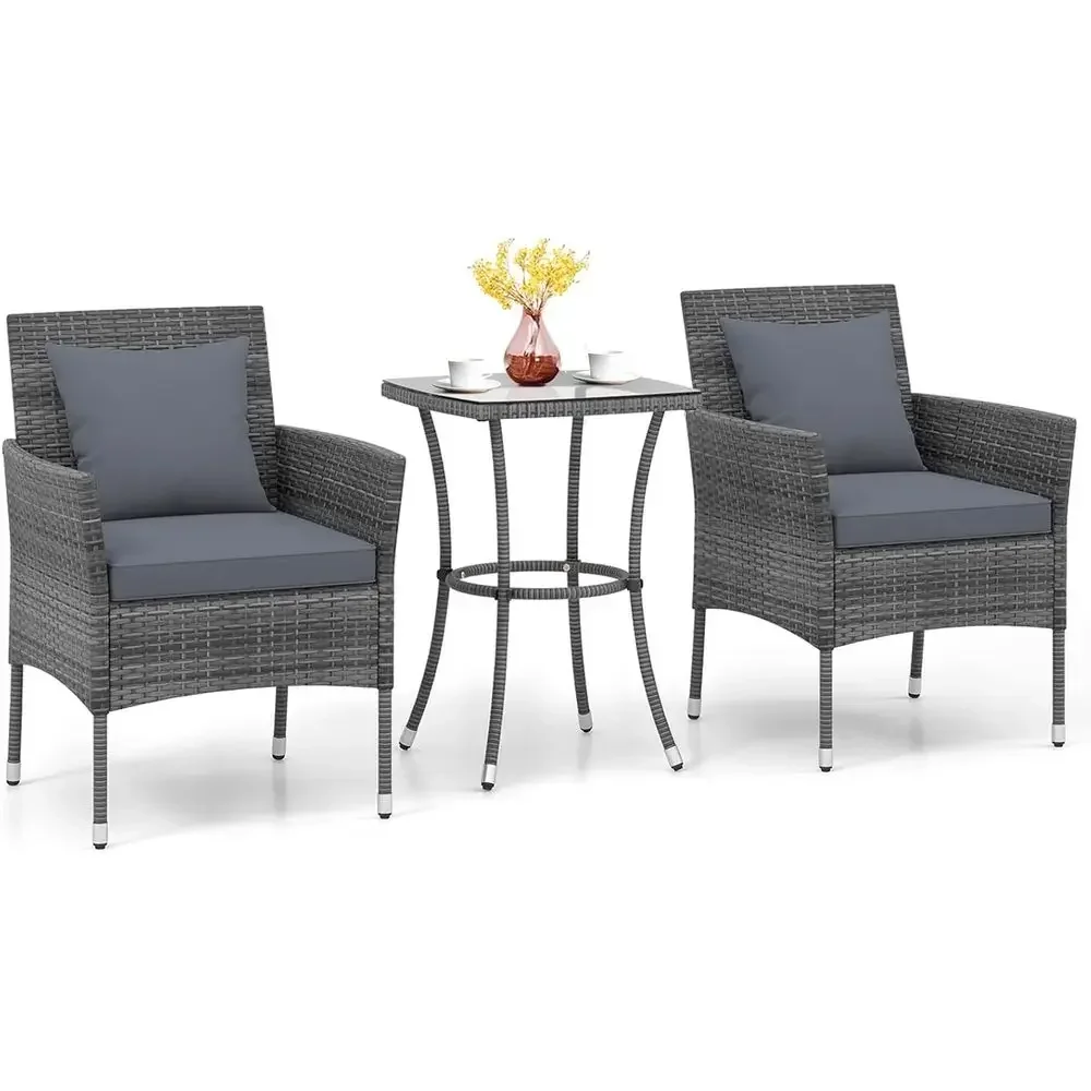 Grey 3-Piece Patio Furniture Set with PE Rattan, Tempered Glass Table, and Cushioned Chairs for Outdoor Spaces