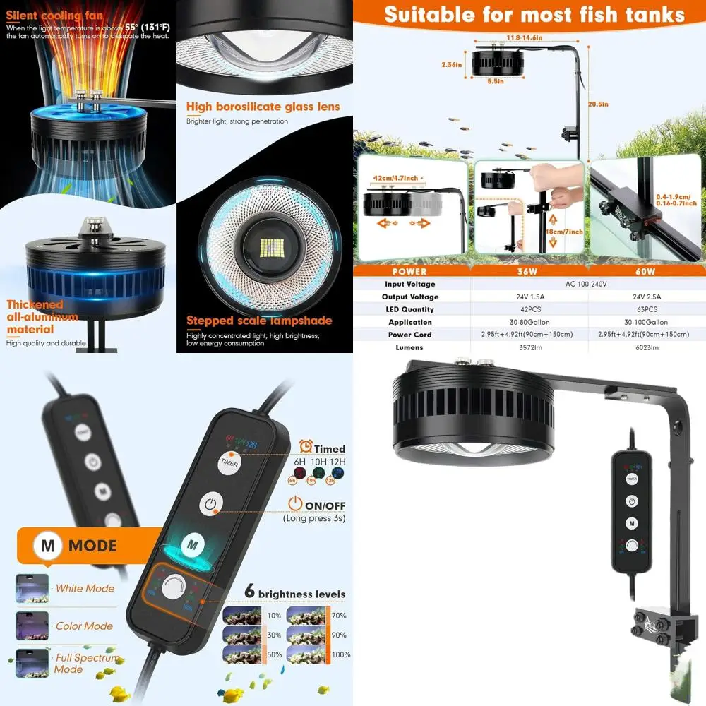 

LED Aquarium Light with Clamp, 3 Modes (White/RGB/Full Spectrum), Timer & 6 Brightness Levels for Freshwater Tanks up to 60W