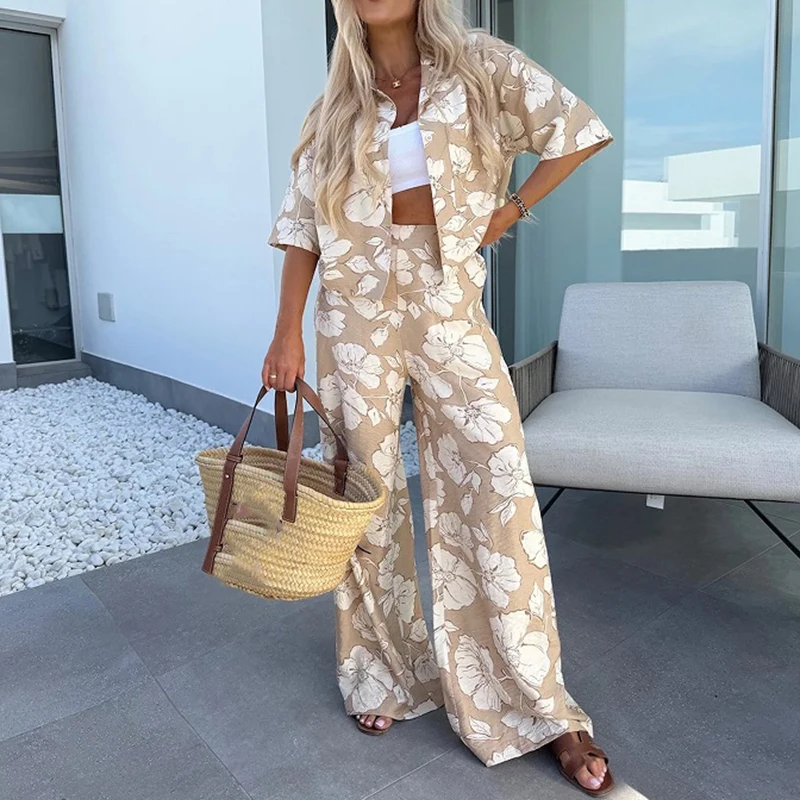 

Casual Summer Street Outfit Holiday Pattern Printed Loose Women's Suits Vintage Lapel Short Sleeve Top & Long Pants 2 Piece Set