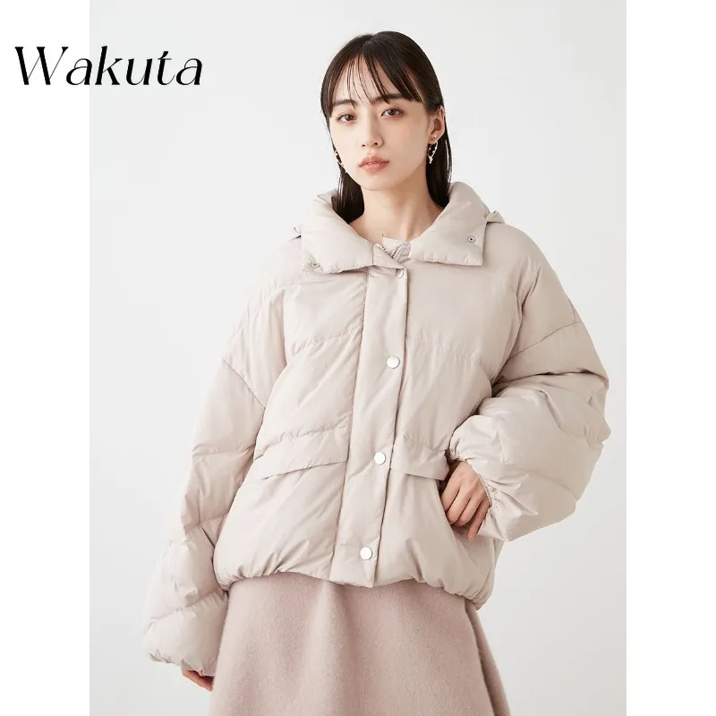 

Wakuta Japanese Fashion Polo Collar Long Sleeved Hooded Warm Down Coat Unique Solid Color Jacket Single Breasted Drawstring Coat