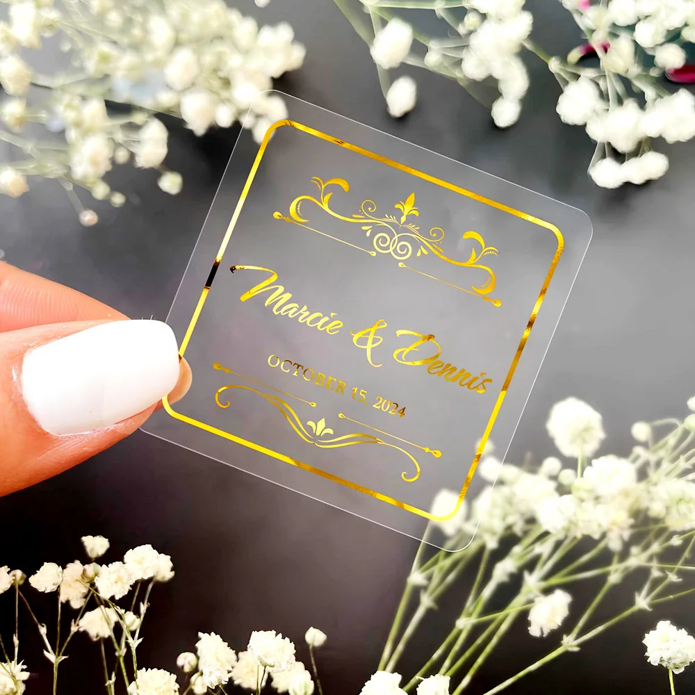 

50pcs Square Transparent Sticker, Custom Transparent Wedding Stickers, Transparent Gold Stickers, Custom Label Wedding Sticker