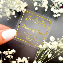 50pcs Square Transparent Sticker, Custom Transparent Wedding Stickers, Transparent Gold Stickers, Custom Label Wedding Sticker