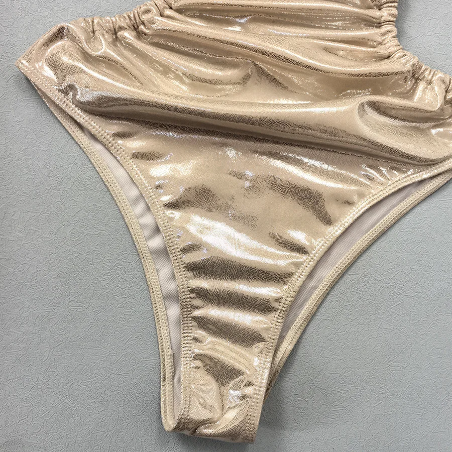Sexy metallischer Champagner-Badeanzug, einteilig, faltiger Rücken, Krawatte, Bikinis, Bademode, Badeanzüge, Strand-Outfits, Bodysuit, Biquini, Tankini