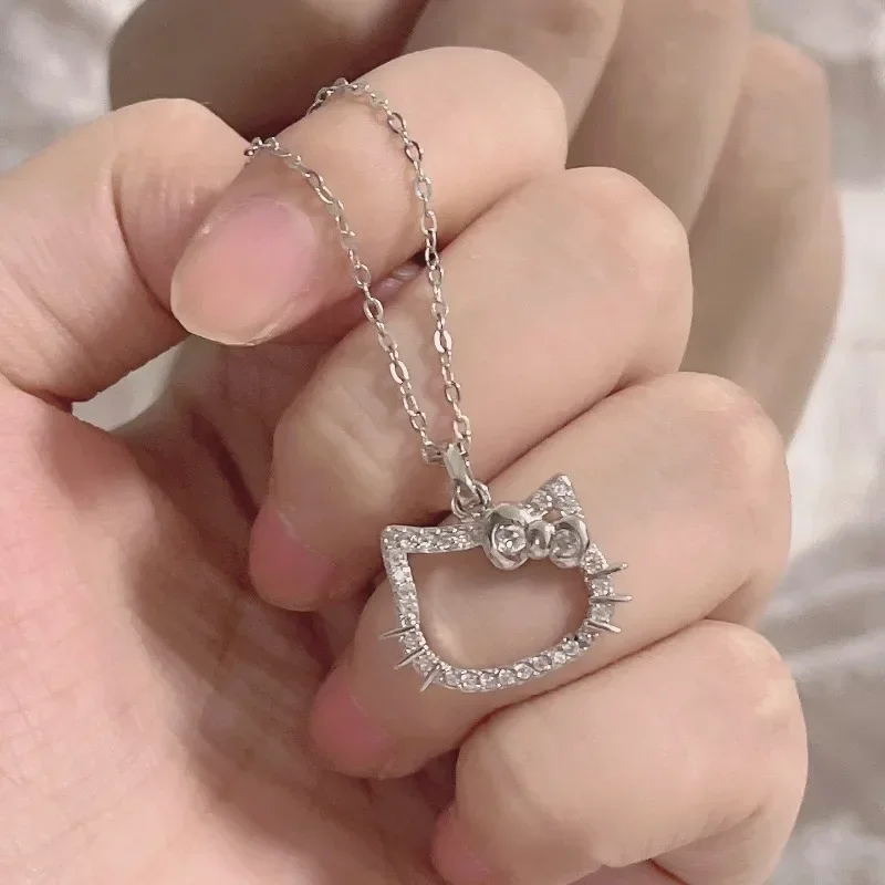 Cute HelloKittys Diamond Ring Necklace Fashion Girl Heart Best Friend Collar Chain Small Design Feel Sweater Chain Jewelry