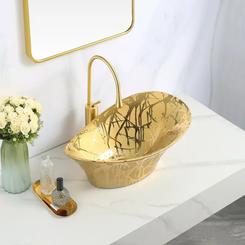 Luxury Gold Electroplated Ceramic Wash Basin Ingot Shape Tabletop Sink Modern Bathroom Vanity Bowl Ink Sprinkle Design Home