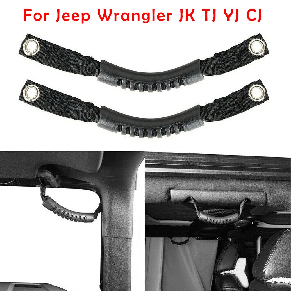 2pcs Grab Grip Interior Handles Door Handle Nylon Mesh Belt With Rubber Grip For Jeep Wrangler JK/TJ/YJ/CJ Car Accessories