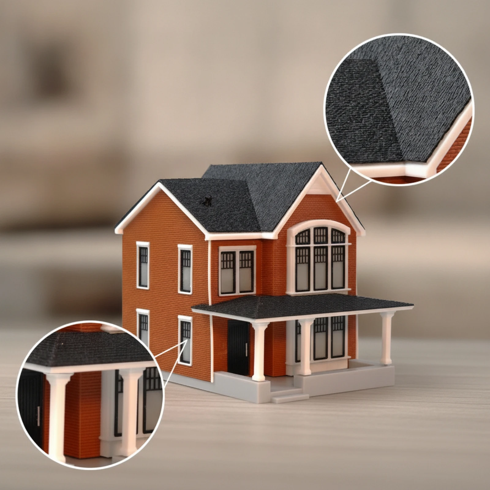 Miniature Villa with Porch Brick-Textured 1:64 Scale House Diorama House Two-Story Unlit for Collectors, Dioramas