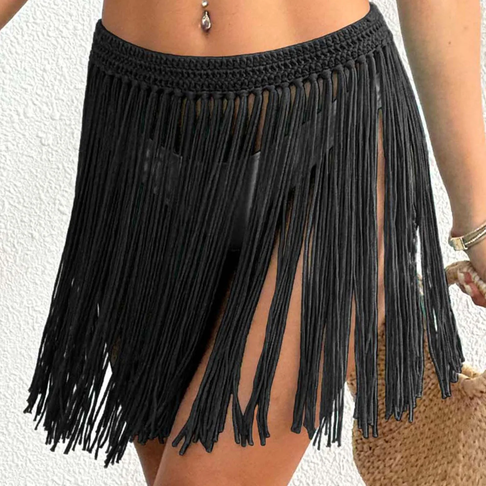 

Ladies Hand Hook Tassel Cover-Ups Swimsuit Summer Strap Up Half Body Knit Beach Skirts For Women Beach Bathing Suit Monokini