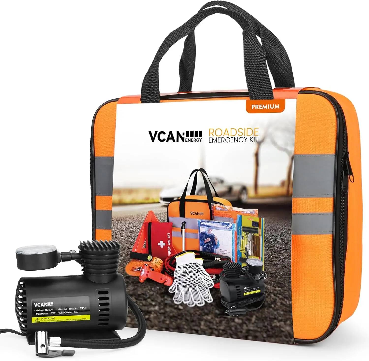 

Complete Car Emergency Kit with Air Compressor, Jumper Cables, First Aid for Roadside Safety