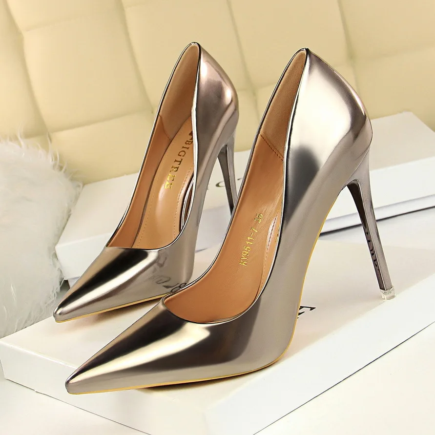 

Western Style Extreme High Patent Leather Metal Shoes Women Basic Wedding Female Stiletto Shallow Mouth Pointed Toe Party 9511-7