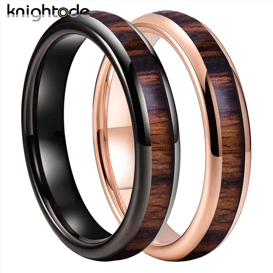 4mm Black/Rose Tungsten Carbide Rings With Deep RoseWood Inlay Men Women Wedding Band Domed Polished Comfort Fit