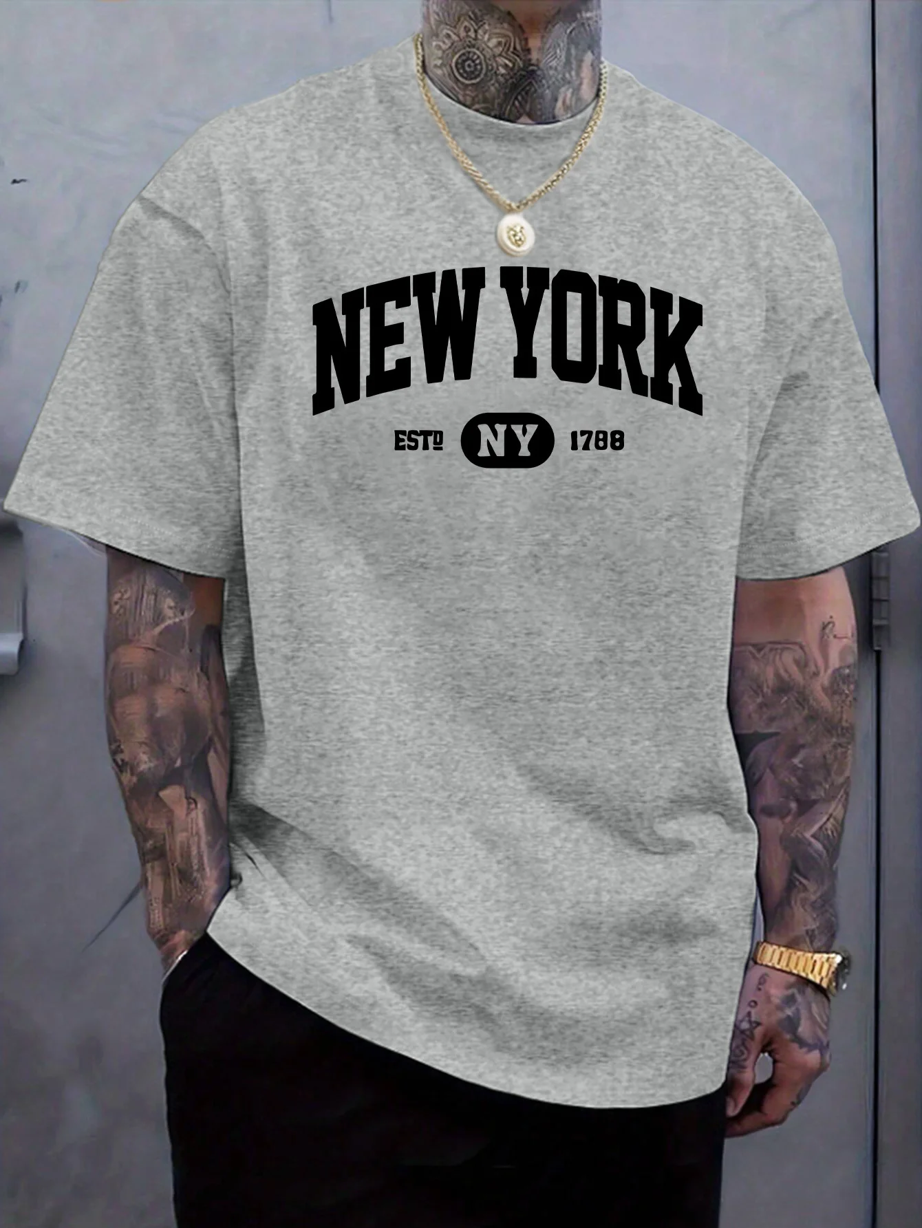 100% Pure Cotton Men's Casual Loose and Fashionable New York Letter Printed Sports Breathable Short Sleeved Round Neck T-Shirt