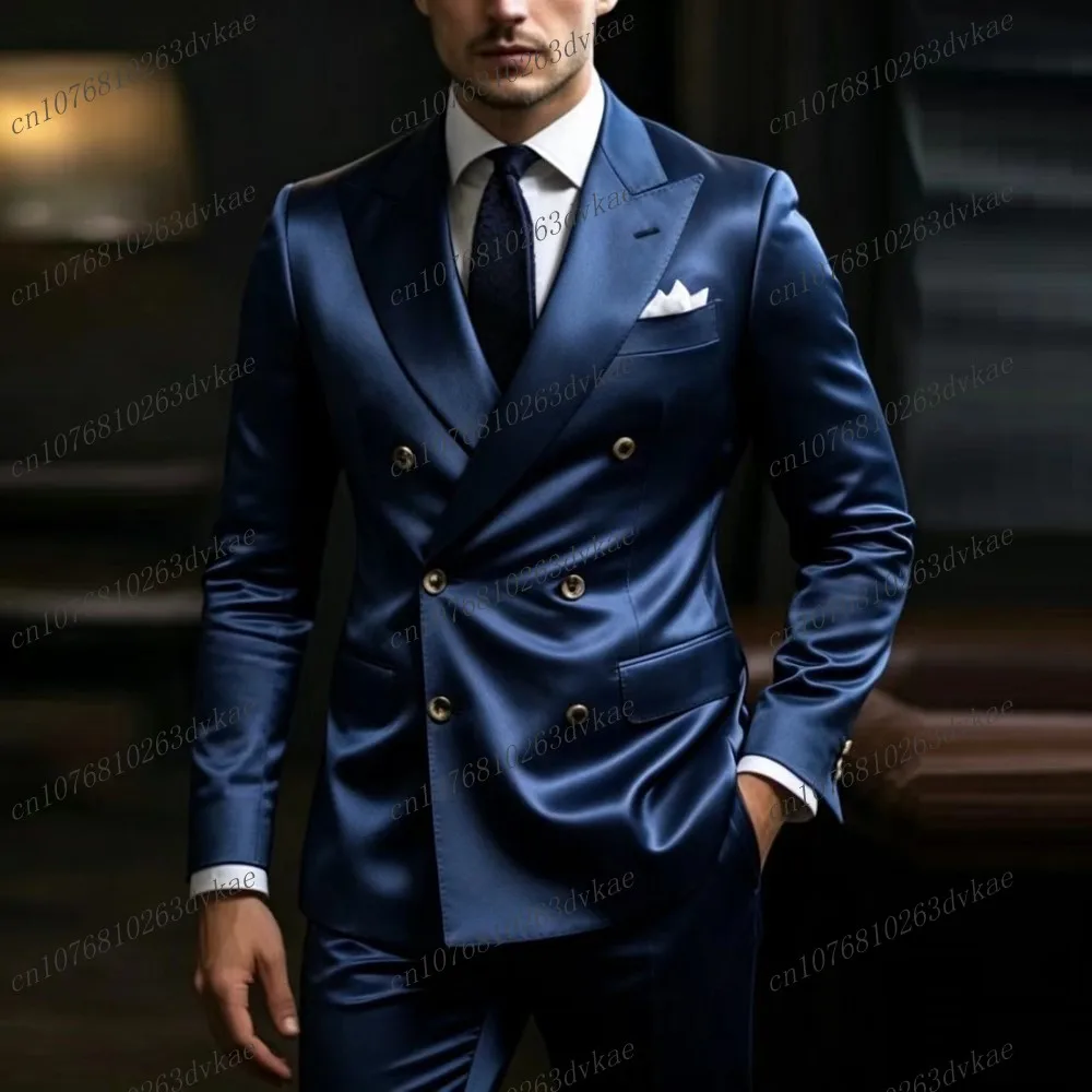 Shiny Navy Blue Acetate Satin Men Suit Party Prom Special Business Groom Groomsman Wedding Male Tuxedos 2 Piece Set Blazer Pants