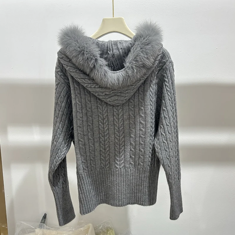 2025 New Arrival Women Autumn Real Fox Fur Collar Hoodie Slim Sweater Girl's Pink Hooded Sweater Jacket Coat